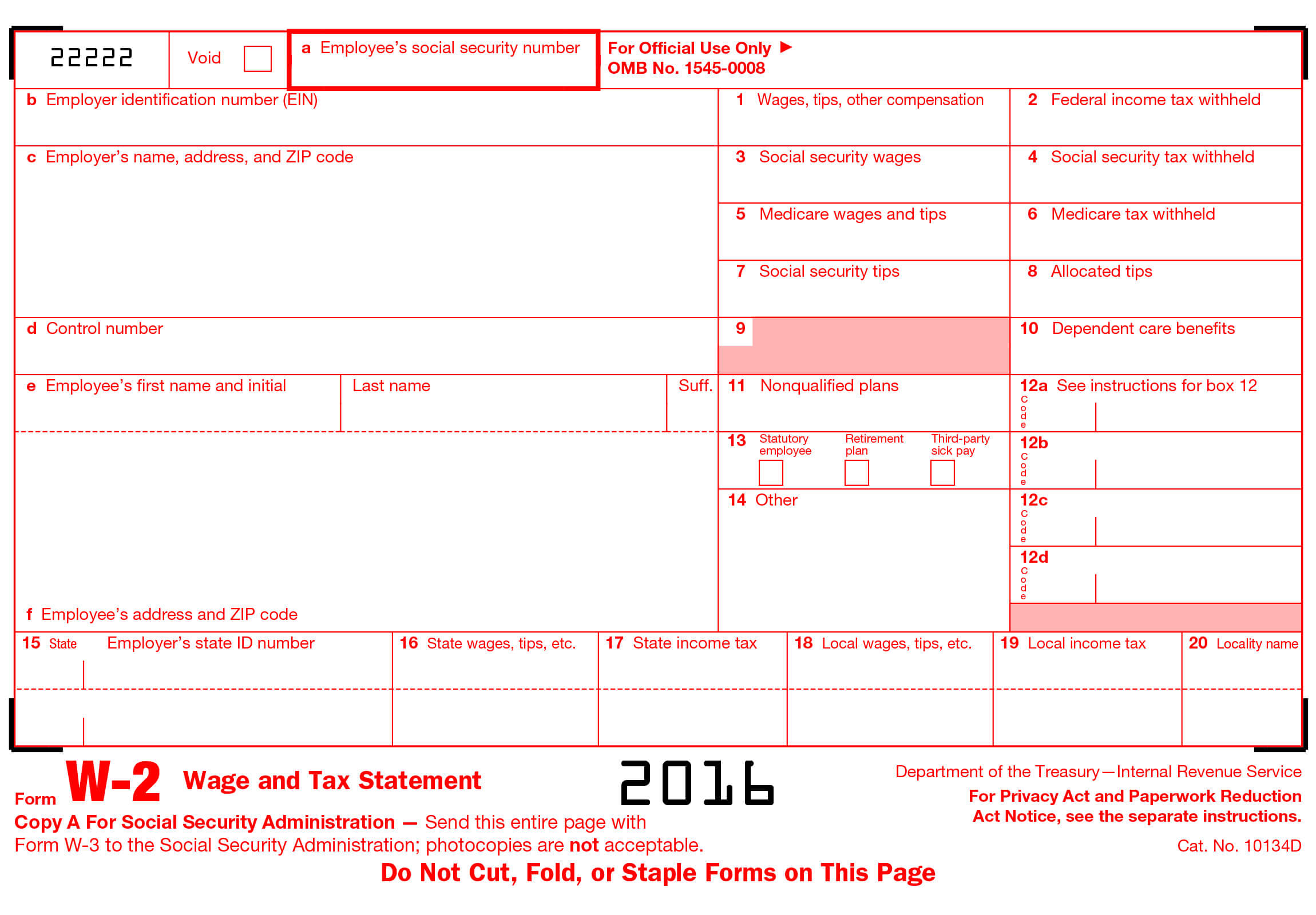 W-2 Form 2016-front