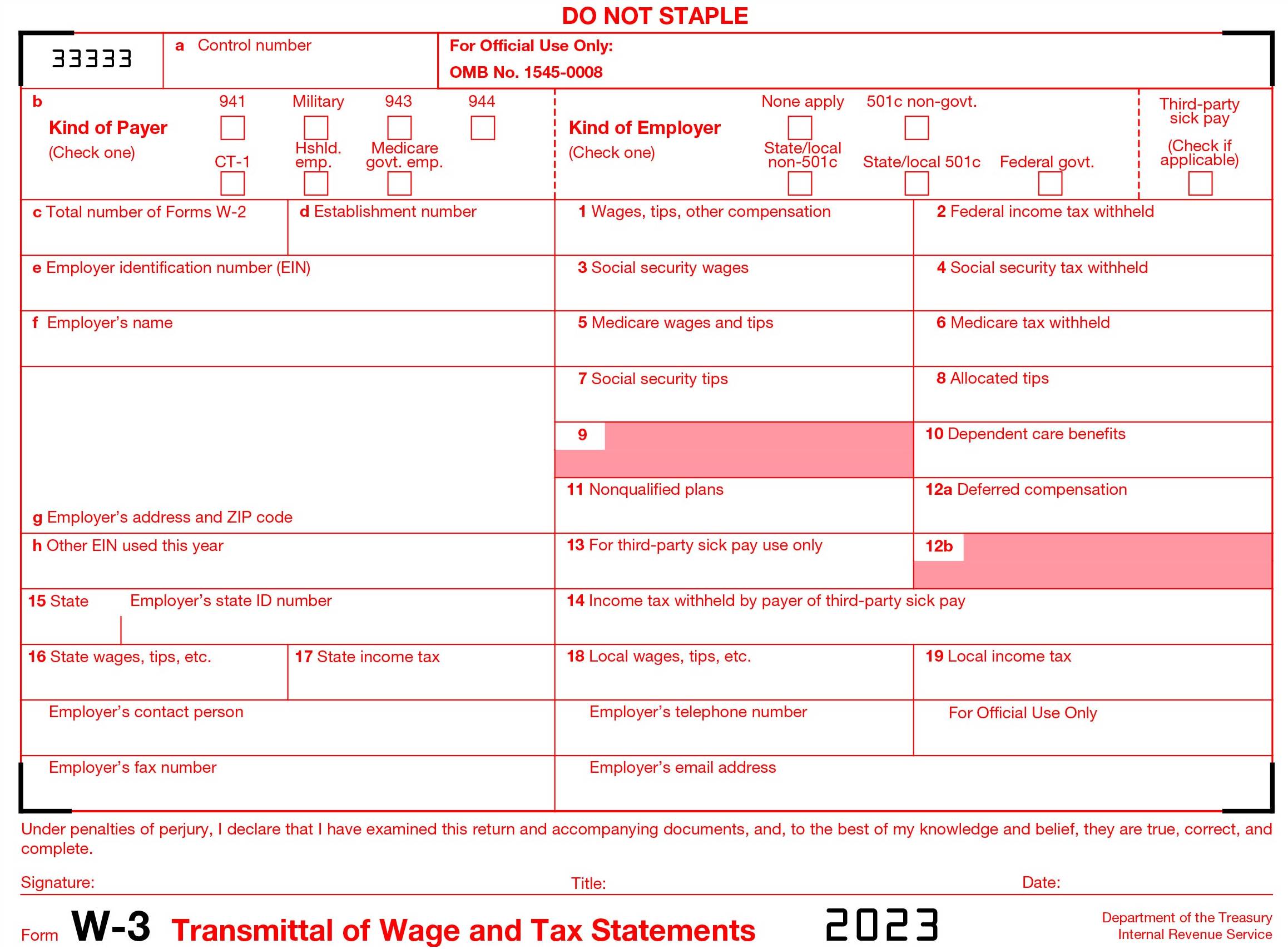 2023 Form IRS W3 Fill Online W3 form 2023 Printable Fillable Download